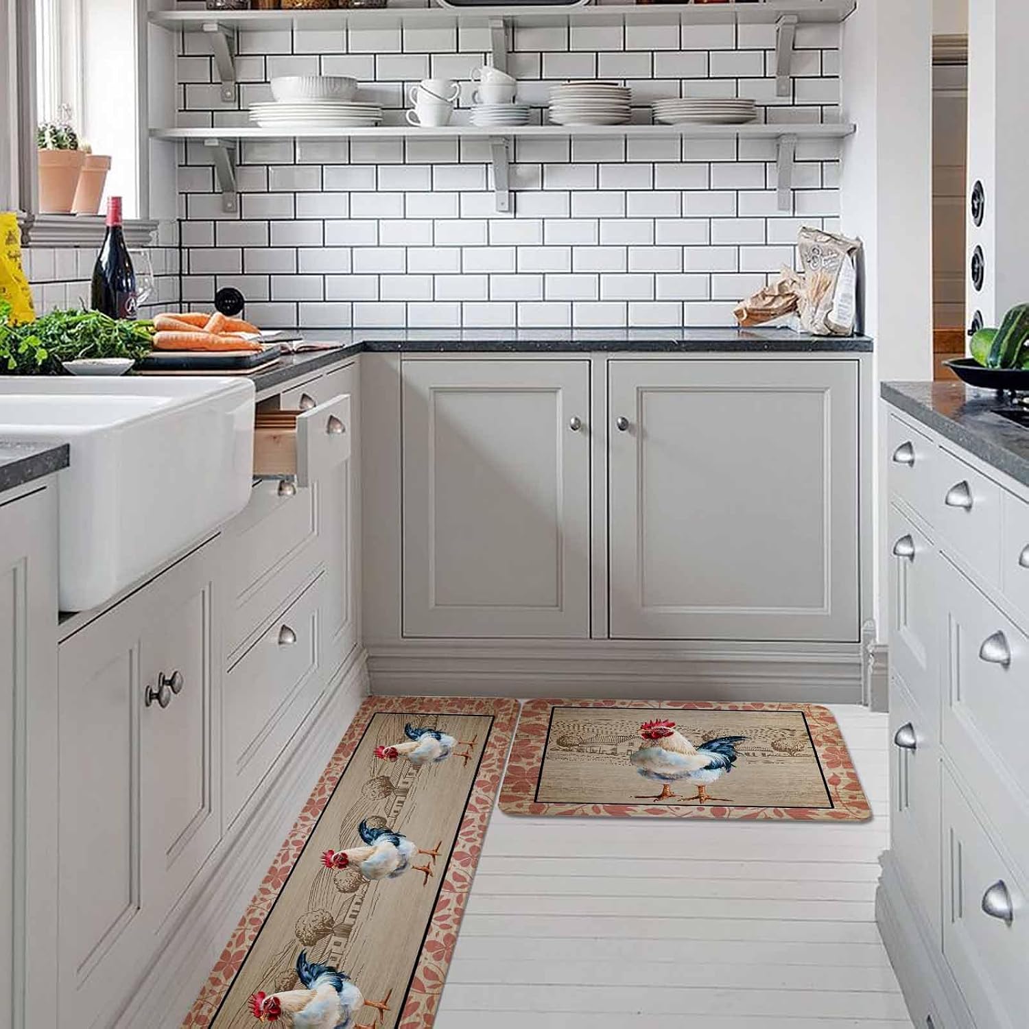 Farmhouse Roosters Kitchen Rugs and Mats Set of 2, Non-Slip Kitchen Sink Mat, Vintage Farm Chicken Pink Leaves Washable Doormat Bathroom Rugs Runner for Bedroom/Living Room 17.7"x30"+17.7"x47.2"