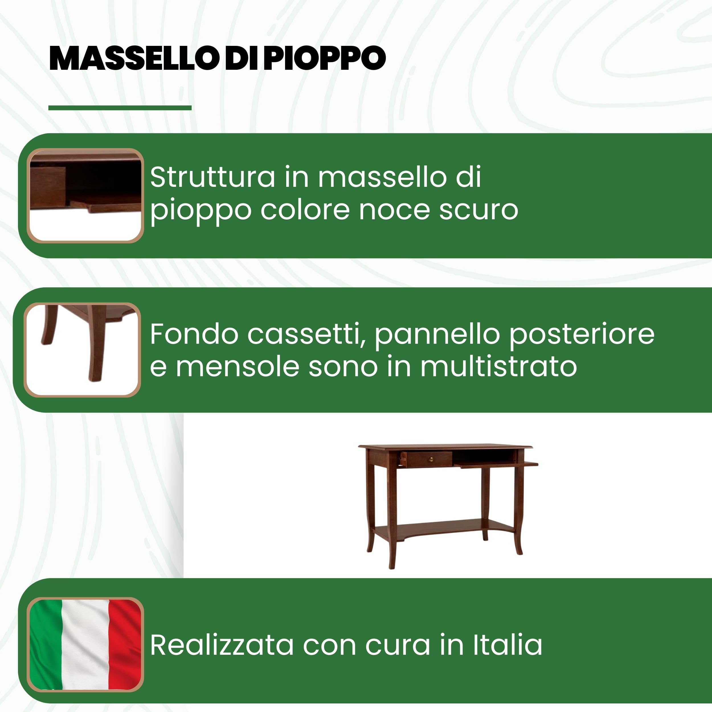 Mar.c.a. Design - Scrivania Ufficio per PC in Legno Noce Scuro, Stile Classico Arte Povera con Porta Computer Fisso, Cassetti e Piano Estraibile per Tastiera e Mouse - Made in Italy