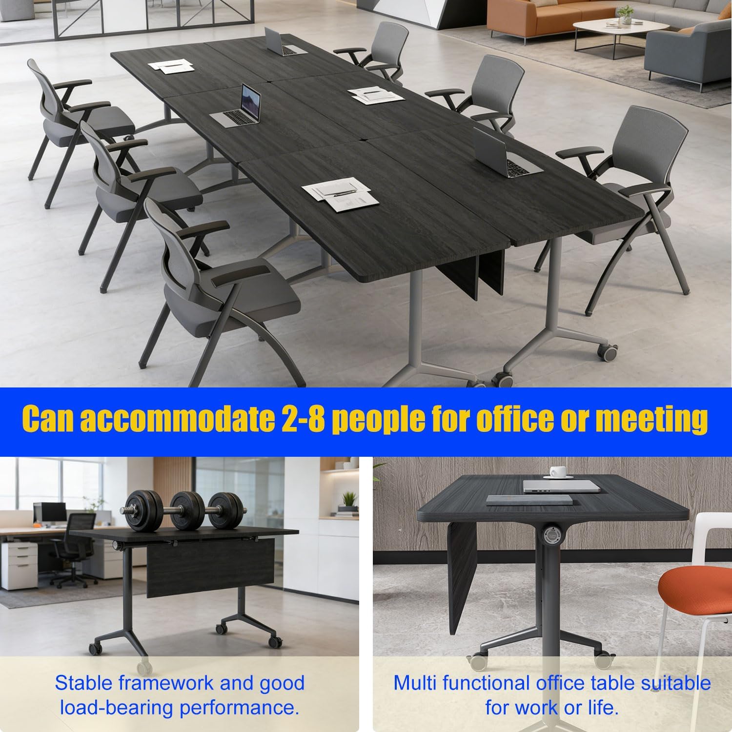 Folding Conference Room Tables Flip-top Mobile Training Table with 360° Caster Wheels,Modern Conference Table Rectangular Modular Meeting Seminar Table for Office Conference Room (4pcs, Ebony, 63")