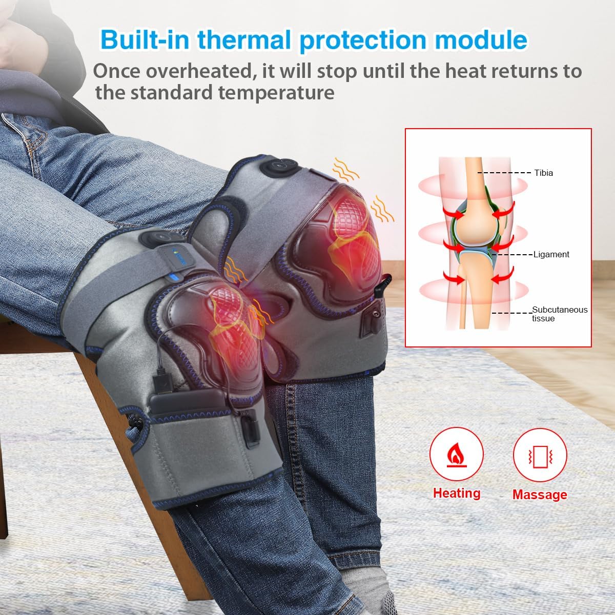 HONGJING Heated Knee Massager Rechargeable - Cordless Knee Massage Brace for Arthritis Joint Pain Relief, 3 Adjustable Vibration Massage & Heat (1 Pair)