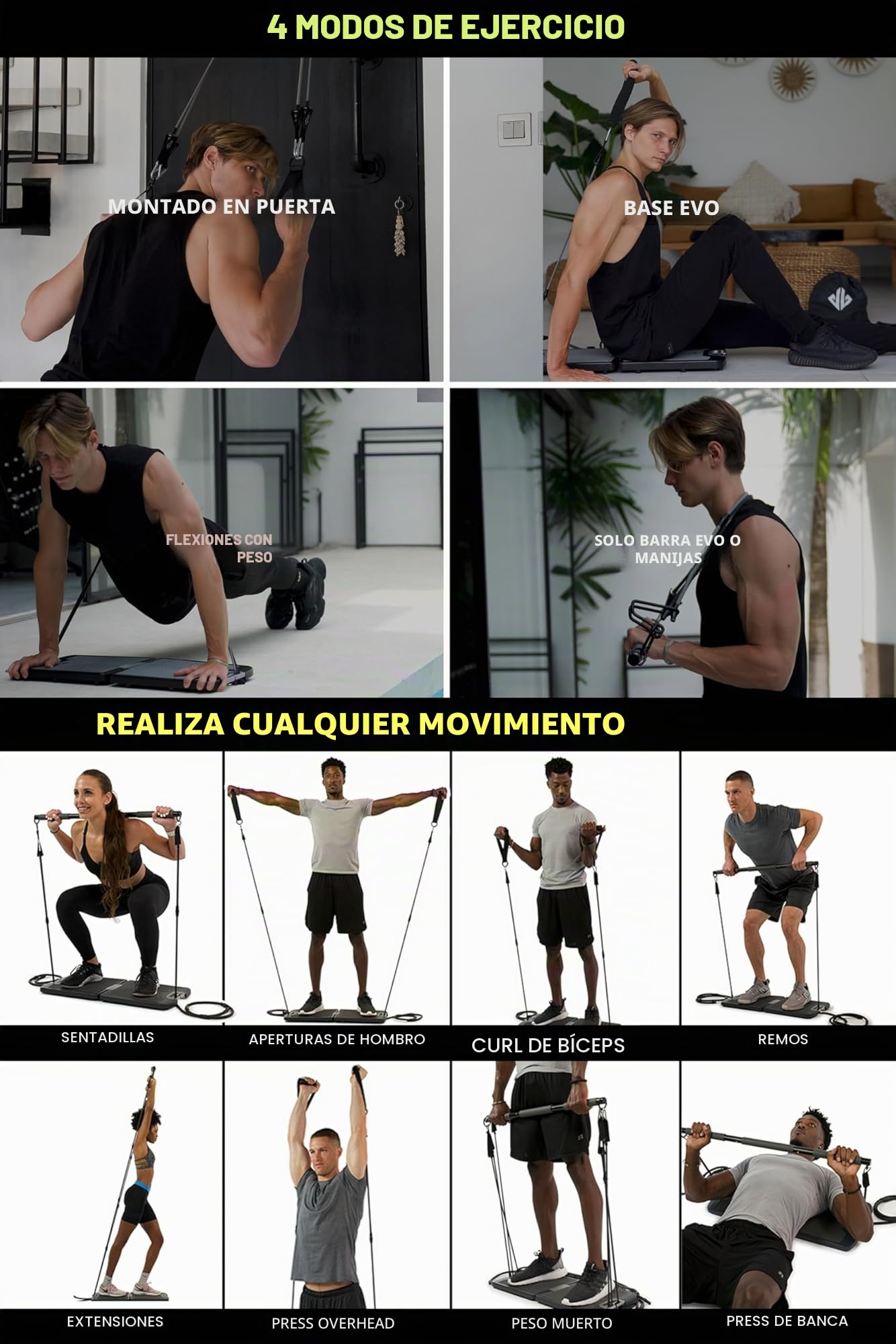 EVO Gym - Equipo portátil de entrenamiento de fuerza para gimnasio en casa, gimnasio en casa, todo en uno, bandas de resistencia, base sostiene barra de gimnasio y asas para viajes, equipo portátil de