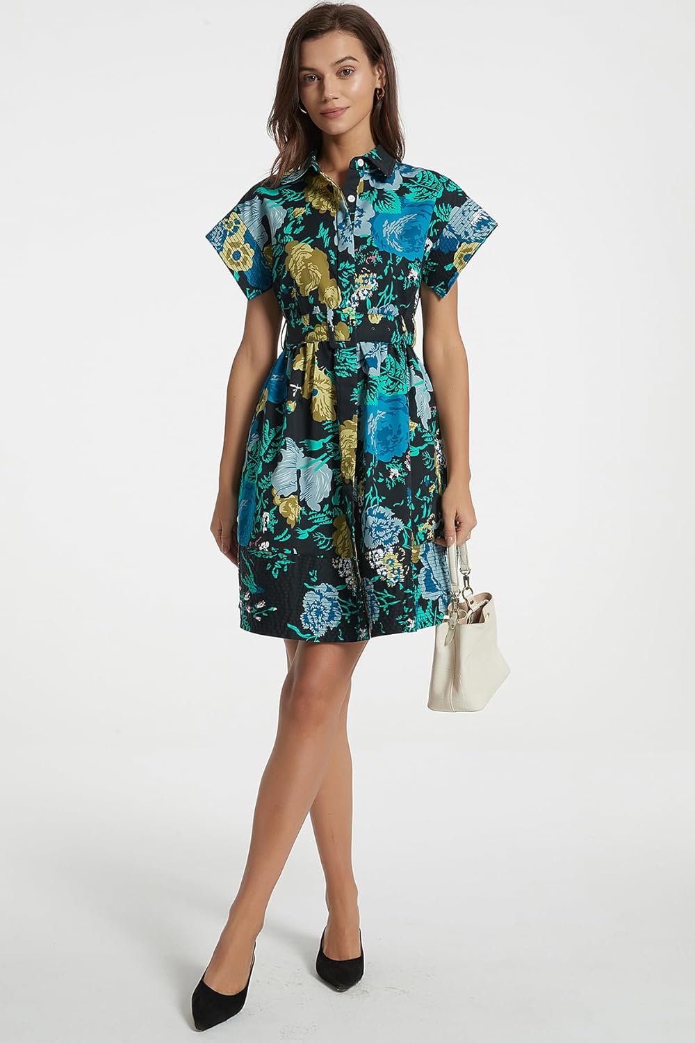 D-Sun Women Button Down Shirt Dress V-Neck Floral Printed Short Sleeve Mini Dress Casual Belted Short Party with Pocket - Image 7