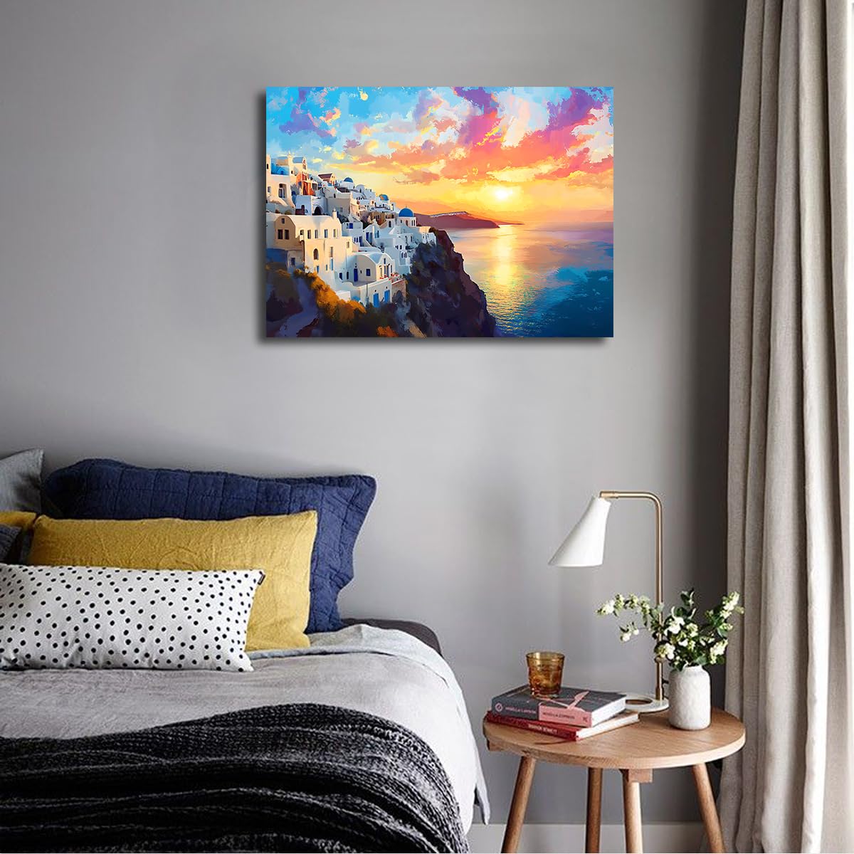 CHERHERART Architecture bleu-blanc Toile Art mural Coucher de soleil Village côtier Affiches Photos Peinture Œuvres d’art pour salle de bain 85x140cm Sans cadre