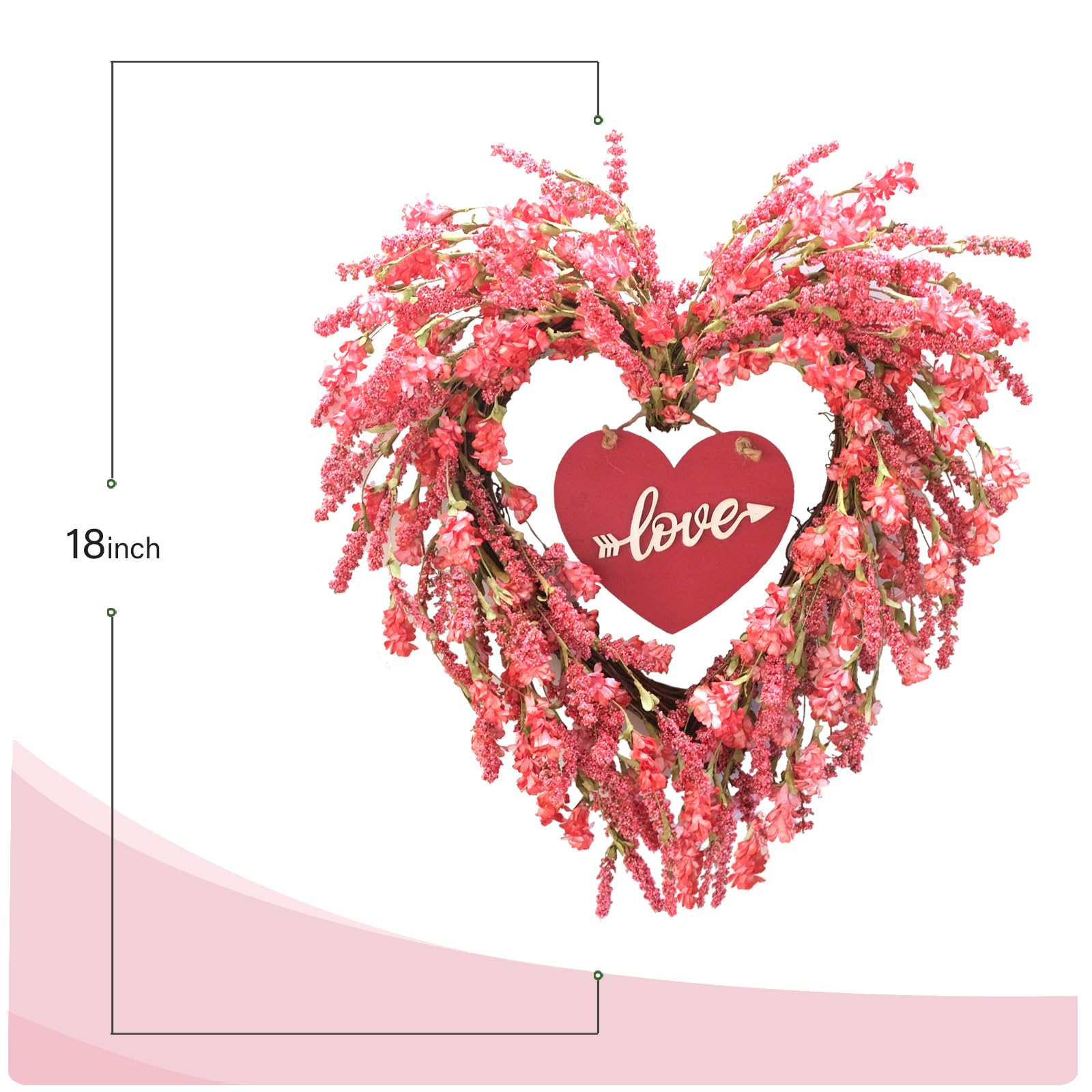 TEMPUS Artificial Pink Heart Flower Wreath, Natural Vine Wreath, Spring/Summer Front Door Wreath with Board, for Wedding Window Home Wall Indoor Front Door Decor