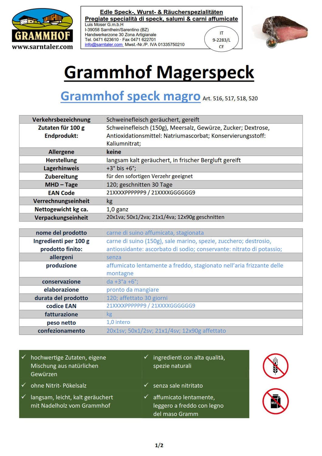 Sarntaler Magerspeck L. Moser ca. 500 gr.