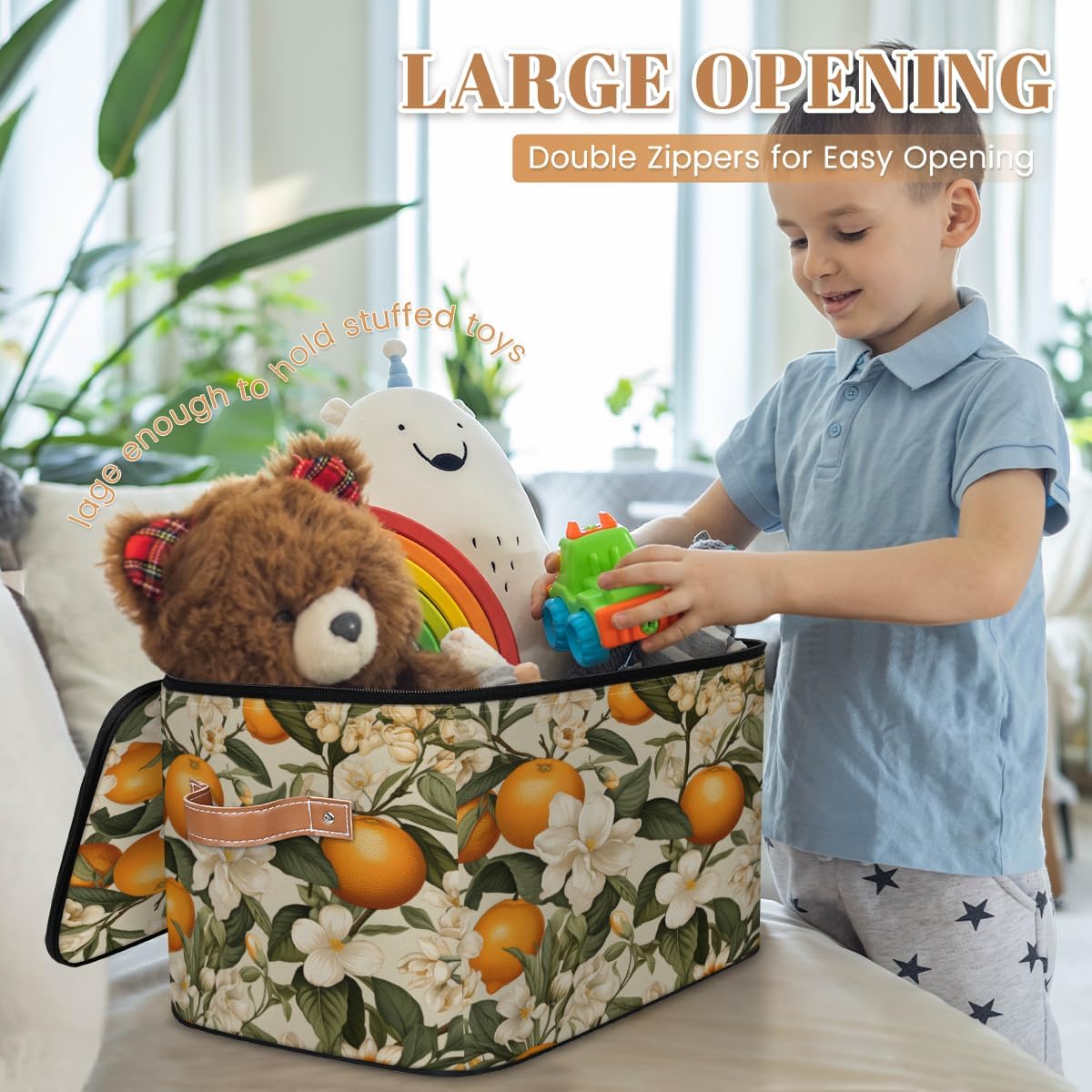 Storage Bin Set of 2 Orange Flower Storage Basket with Zipper Lid & Handle Foldable Closet Shelf 2 Pack Cloth Organizer Basket Cube Bins Clothes Organizer for Bedroom, Nursery