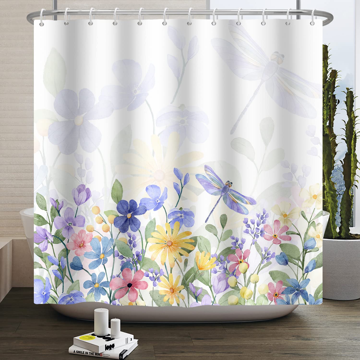 SDOTPMT Lilac Colour Floral Butterfly Shower Curtain,Watercolour Sketch Pictures,Spring Garden Rural Vibrant Plants for Girly Bathroom Decor,Fabric Polyester Waterproof with Hooks 41x63inch