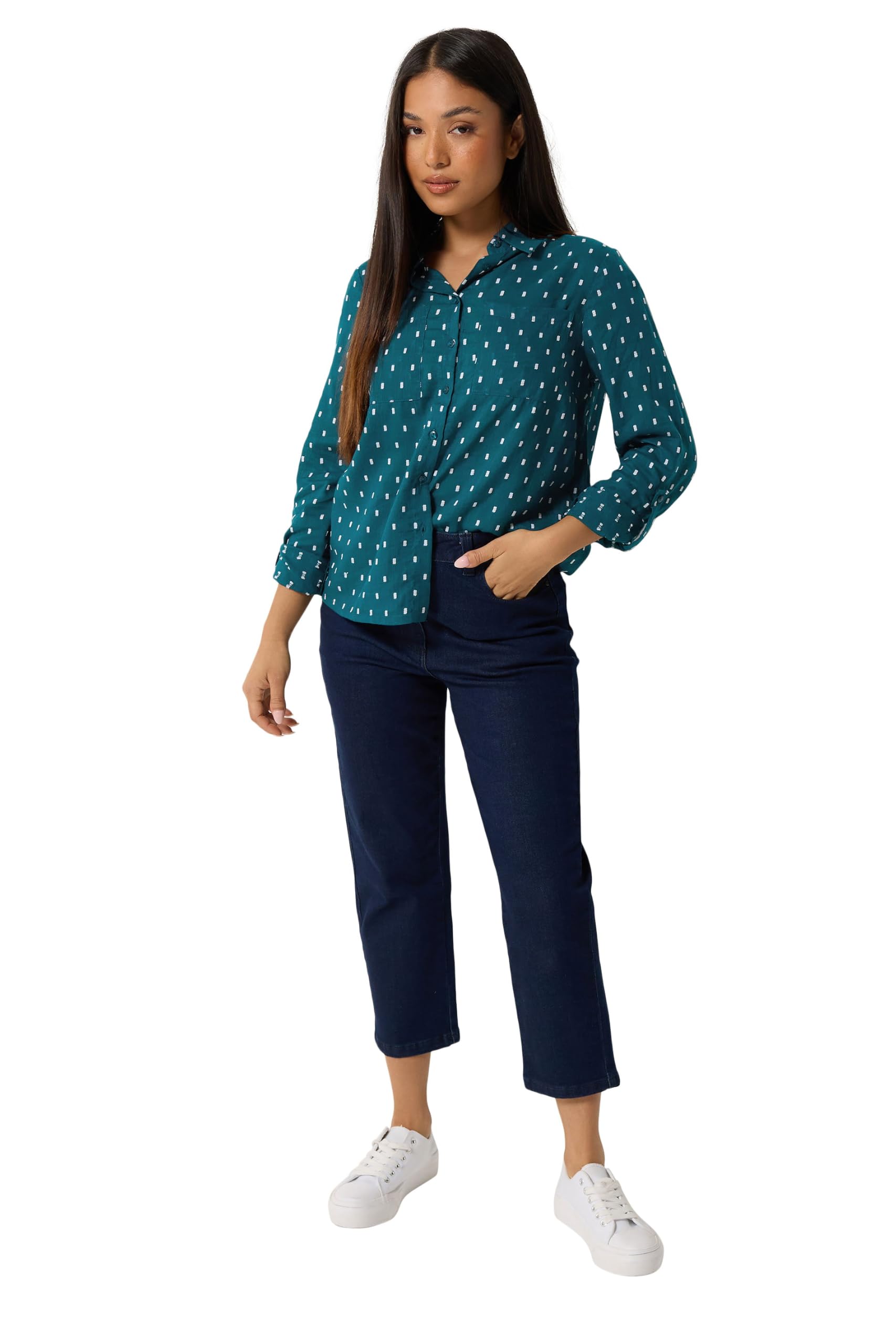M&Co Women's Teal Petite Green Dobby Long Sleeve Cotton Shirt