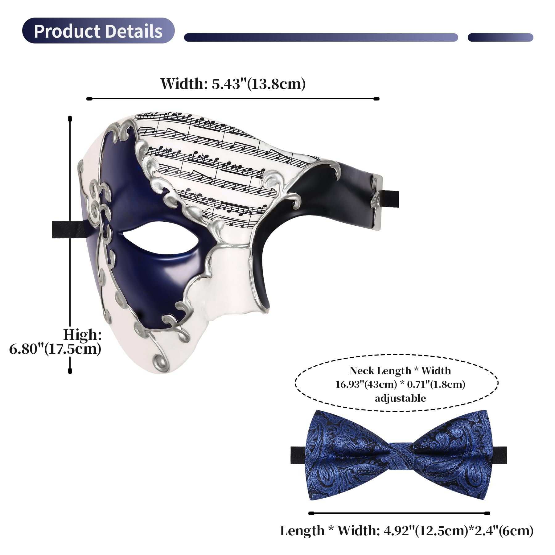 Oidea Masquerade Mask for Men: Vintage Phantom of The Opera Mask Costume Prom Party Mask with Blue Bow Tie, Black Blue - Image 3