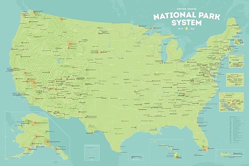 Miniatura 11 de Póster de unidades del sistema de parques nacionales de EE. UU., mapa de 24 x 36 pulgadas (beige y azul claro)