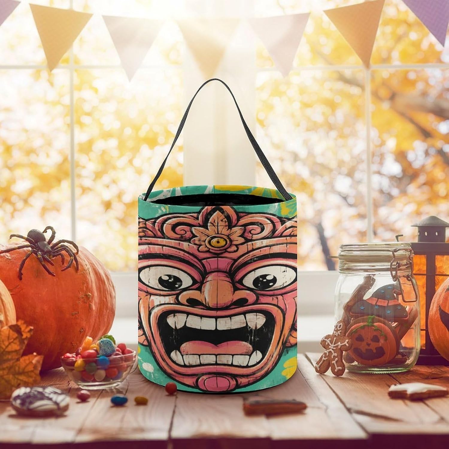 Blush Visage Halloween Trick Or Treat Bucket Candy Tote Hand‑held Pouch for Cosplay Theme Party Gift Storage image 5