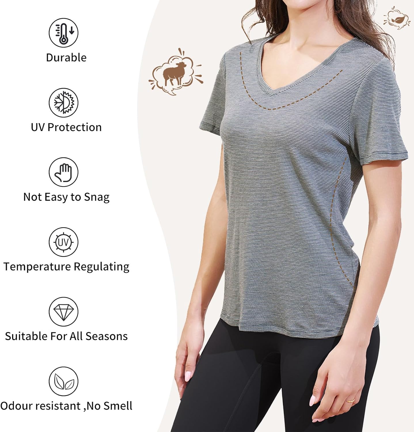 Merino Protect Base Layer Women Classic Strips Shirts Moisture-Wicking Tops for Travel Hiking - Image 4
