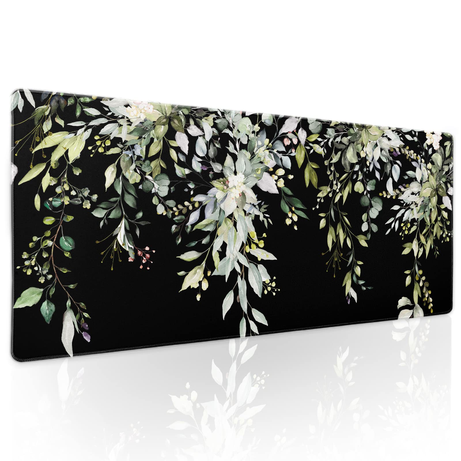 aportt Sage Green Leaves Gaming Mouse Pad XL Spring Summer Floral Extended Large Desk Mat Black Big Mousepad Non-Slip Rubber Base Stitched Edge Long