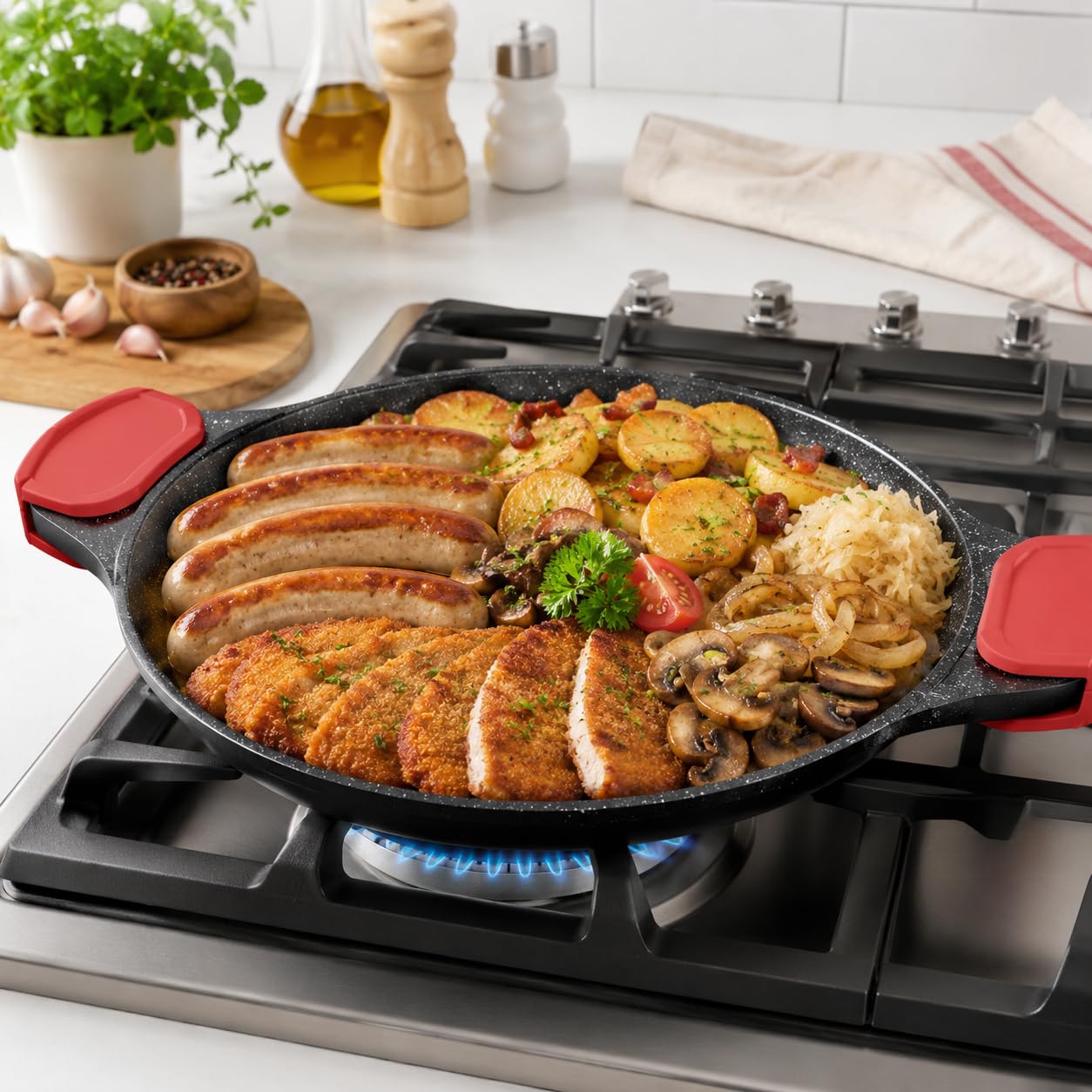 Royal Swiss - Paella antiadherente de mármol, 32 cm, negro con asas rojas