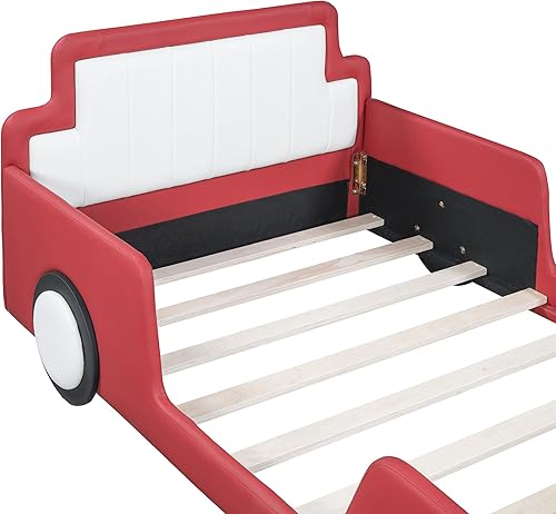 Miniatura 17 de Cama de plataforma clásica en forma de automóvil con ruedas, cama de automóvil de tamaño matrimonial con soporte de listones de madera, marco de