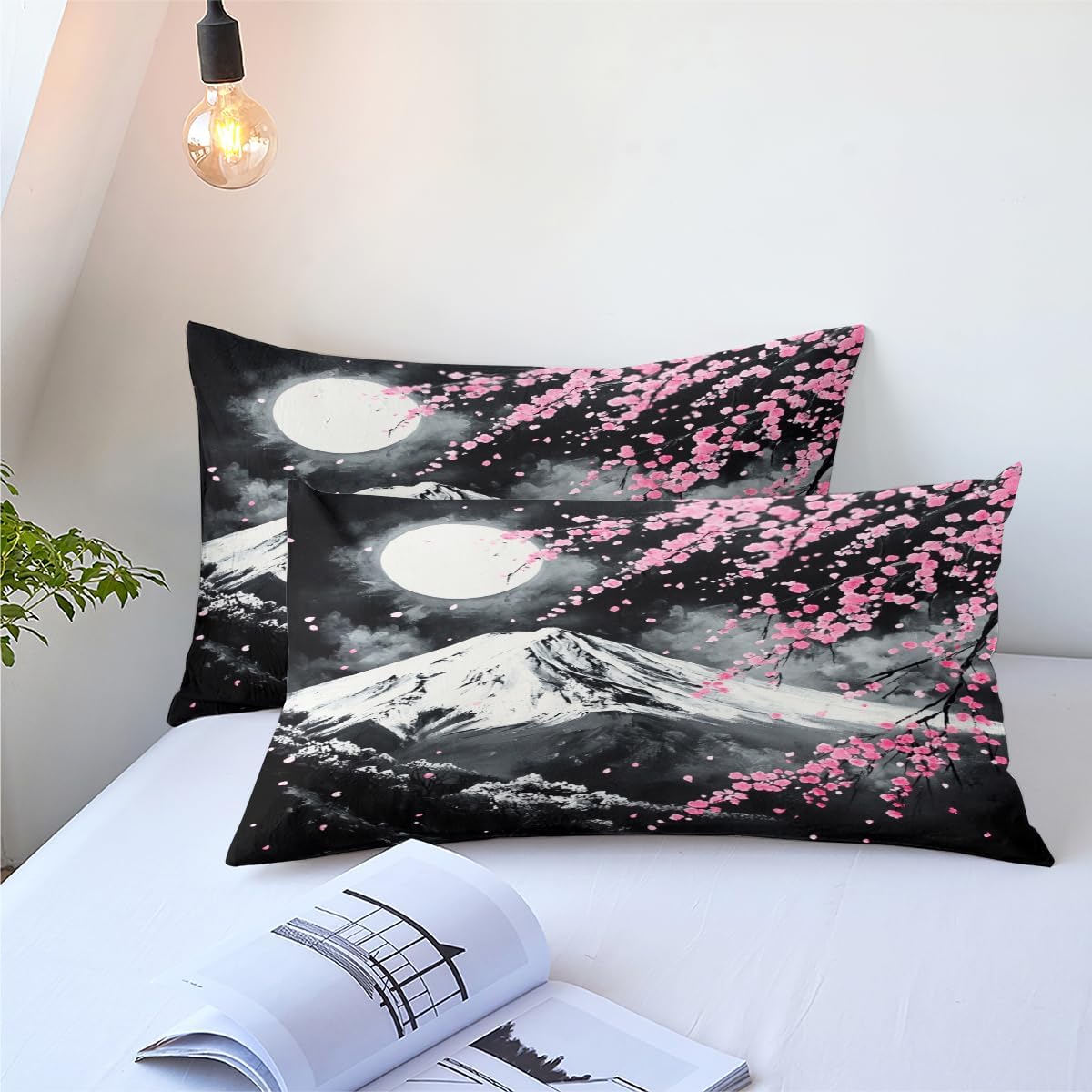 CCoutueChen Pink Cherry Blossom Comforter Queen Black White Floral Bedding image 5
