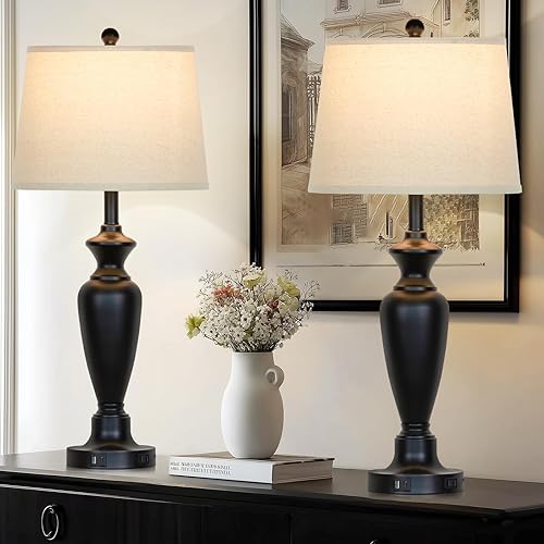 Miniatura 7 de Juego de 2 lámparas de mesa de 30 pulgadas de alto, lámpara de noche de control táctil con puertos USB A+C y salida de CA, lámpara de mesita de