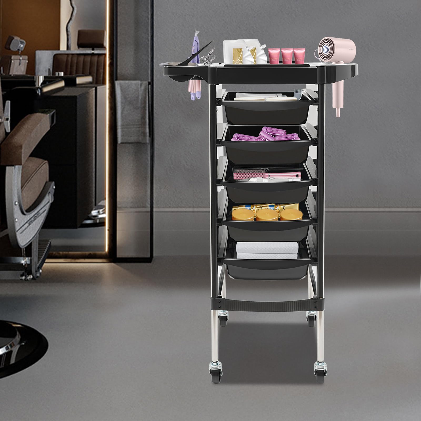 6-Etagen Beauty Carrellino per parrucchiere, con rotelle, carrellino per parrucchiere, con 5 cassetti, carrellino portaoggetti per parrucchiere, carrellino multifunzionale per parrucchiere e spa