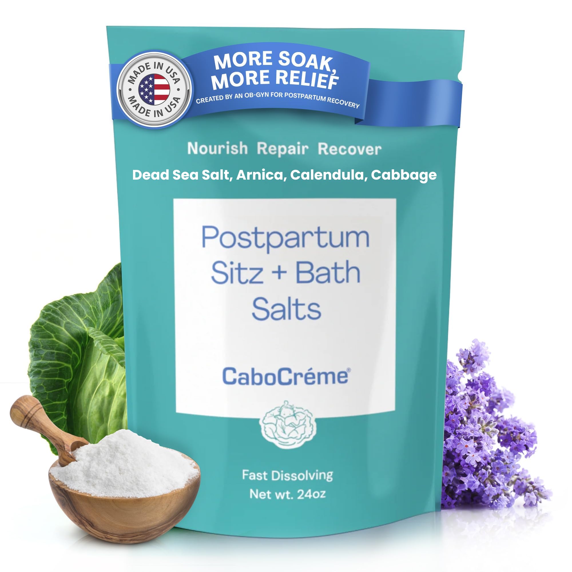 CaboCréme Postpartum Sitz + Bath Salts – 24oz – Postpartum Bath Soak for Perineal Care, Healing Tears, Swelling & Hemorrhoids – Dead Sea Salt with Magnesium, Arnica, Calendula + Cabbage Extract