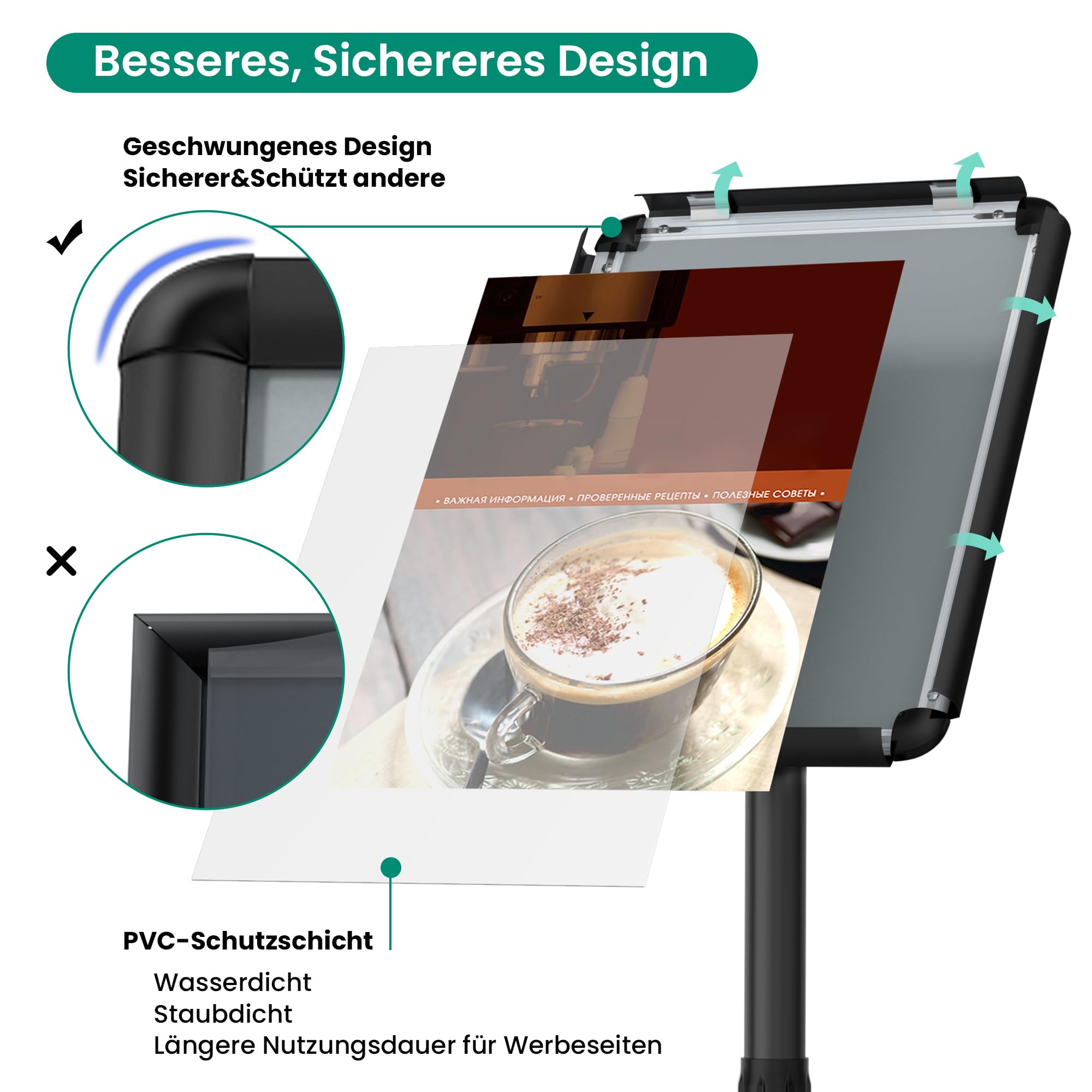 Infoständer DIN A3 420x297mm Informationsständer Höhenverstellbar Edelstahl Kundenstopper Aufsteller Plakatständer Präsentationsständer Werbeständer (Schwarz, A3)