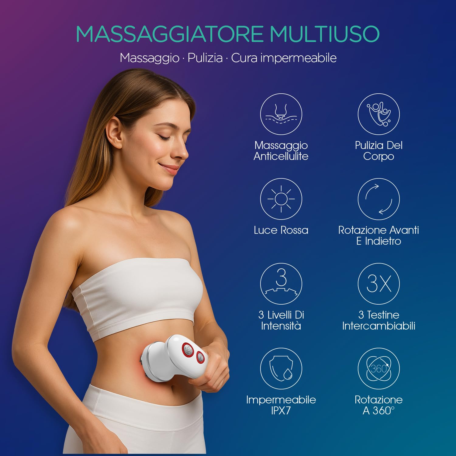 VOYOR Massaggiatore Anticellulite Cordless Elettrico per Viso Braccio Collo Corpo, 3 Teste Muti-funzional, Spazzola Pulizia, Impermeabile IPX7