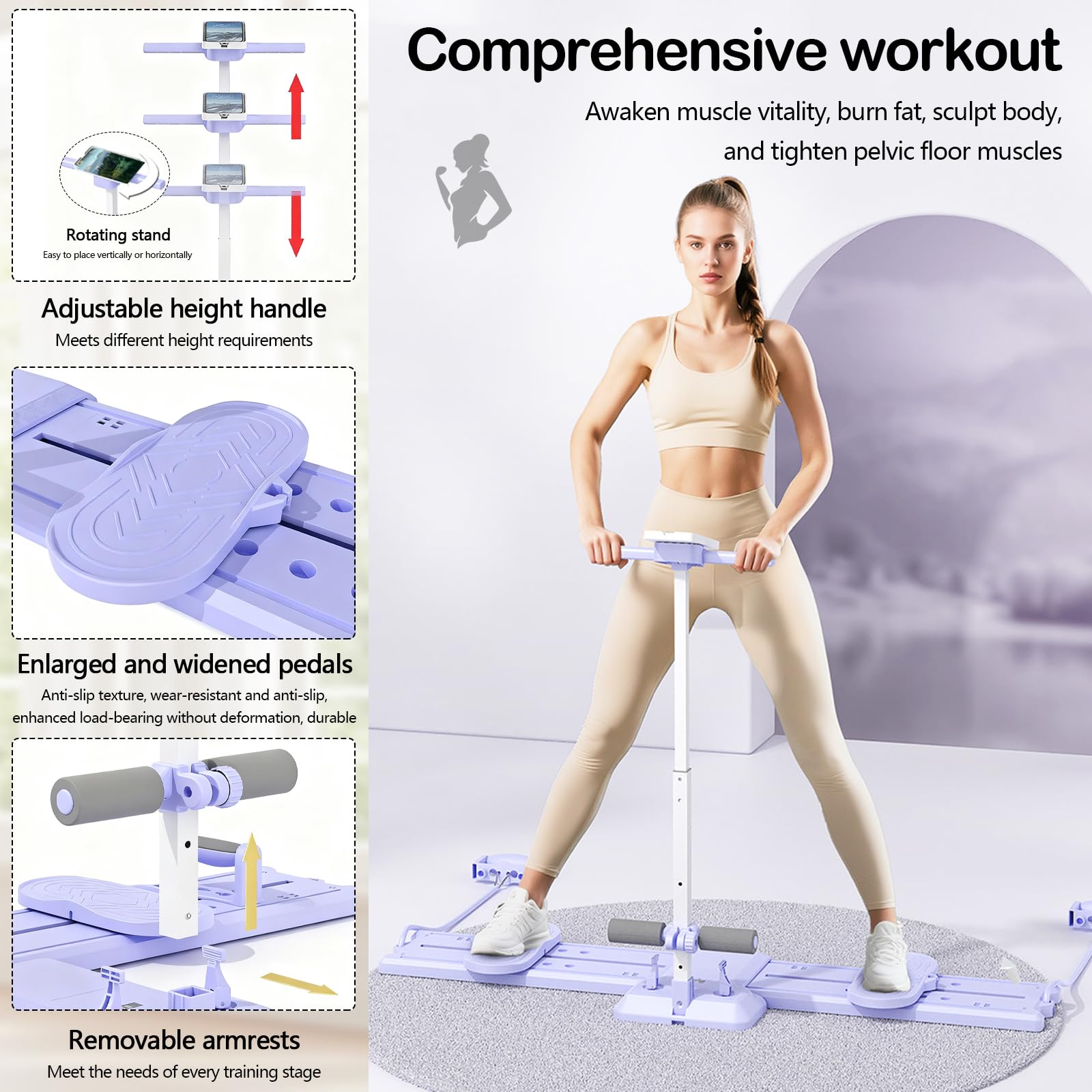 Tavola Reformer Per Pilates, 6 In 1 Ski Machine Per Allenamento Pavimento Pelvico Multifunzionale Tavola Scorrimento Pilates Con Fasce Resistenza Supporto Per Cellulare Trainer Addominale
