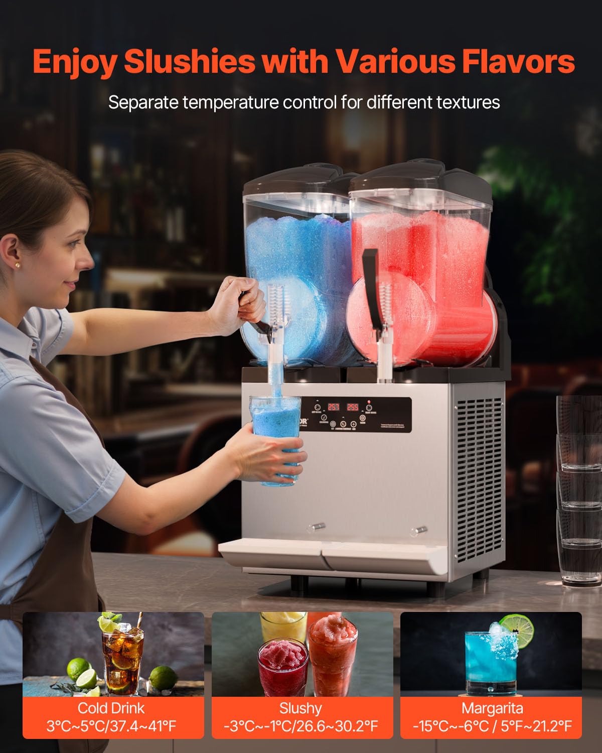 VEVOR kommerzielle Slusheis Maschine 12 L x 2 Doppeltank-Maschine für gefrorene Getränke, 96 Tassen Edelstahl Slush-Eis-Maschine mit Tastenfeld Softeis Maker für Partys Restaurants Cafés Bars