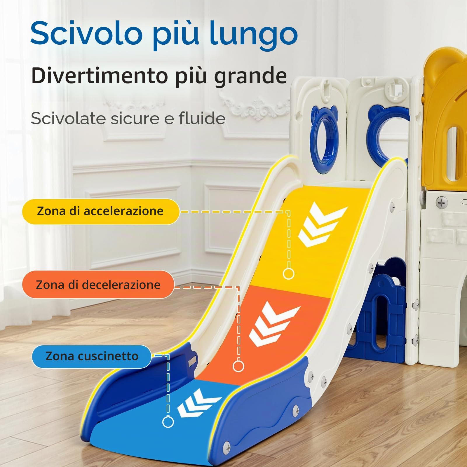 MAMIZO 10 in 1 Scivolo per Bambini, Scivolo Giocattolo da Interno o Esterno Canestri da Basket e Telescopi, Scivolo da Giardino Spazio di Deposito e Tunnel, mit 4PCS Moduls, Blu Giallo