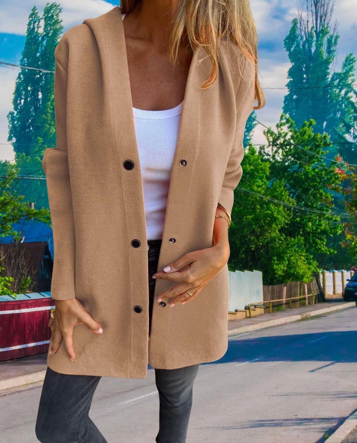 Autumn And Winter Womens Solid Color Casual Single Breasted Hooded Jacket Feel Comfortable Fashionable Layering - Image 5