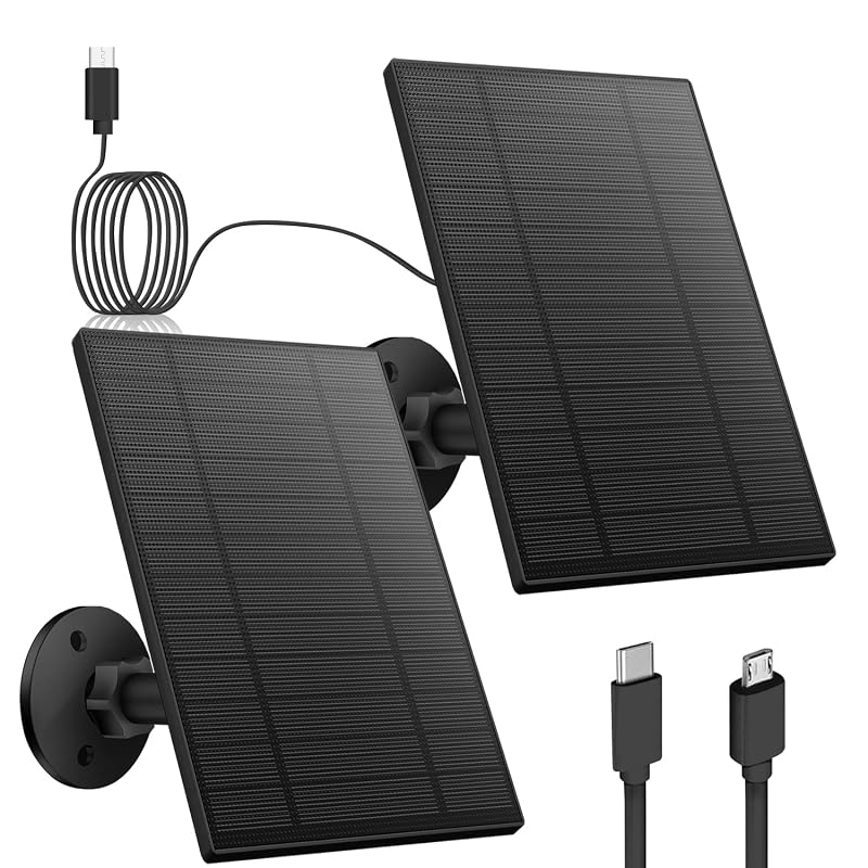 Kit de Painéis Solares de 5 W Catgod para Câmeras de Segurança DC 5 V, Micro USB e USB-C, Suporte 360° e Cabo de 2,99 m, 2 unidades