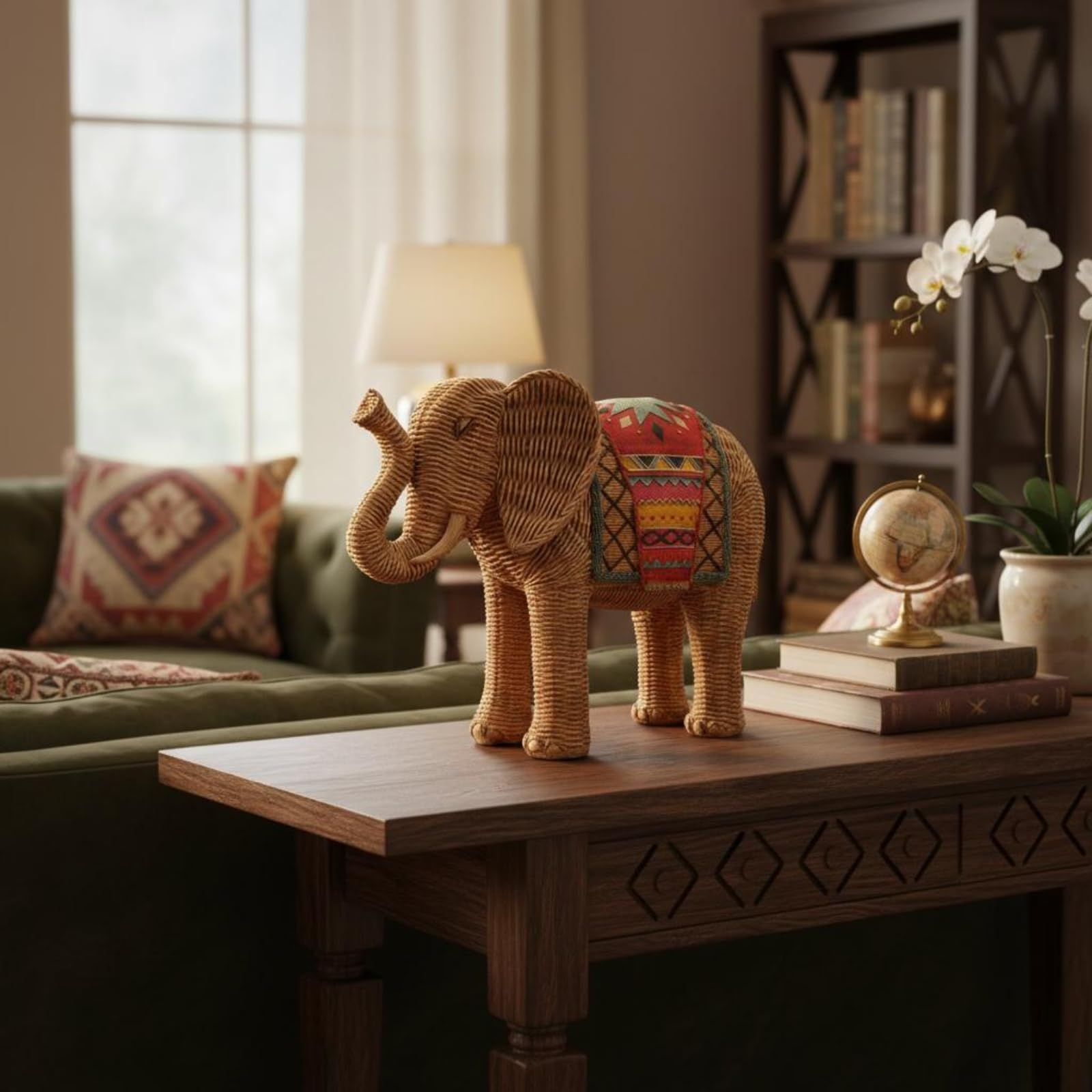 Elephant Sculpture Estatua Figura Ornamento Decoración de Mesa en Resina con Textura Entrelazada y Forma Equilibrada Adecuada para Salón Pasillo Estudio, Grande 34 16 25cm