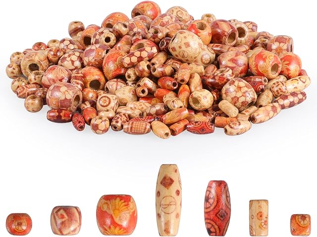 300 Pcs Printed Wooden Beads, Natural Barrel Wooden Beads, Assorted Pattern Macrame Beads Large Hole, Various Shapes Loose Wood Beads for Craft Jewelry Making Beadings DIY Hair Decoration