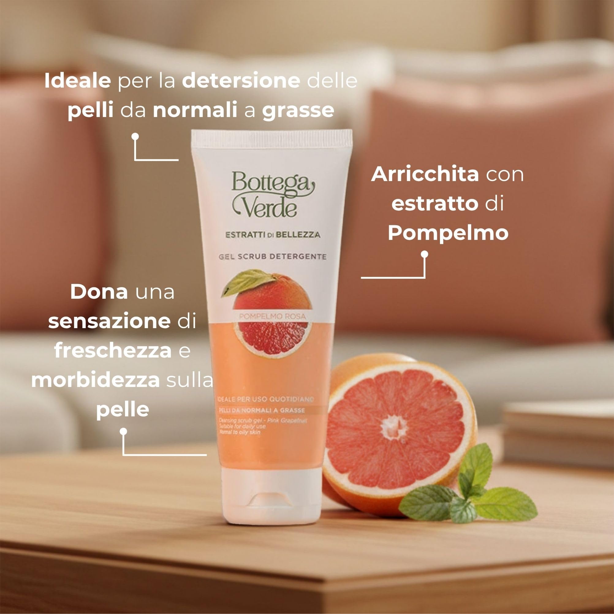 Bottega Verde - Estratti di Bellezza, Gel Scrub Detergente, 100 ml, con Pompelmo Rosa, Trattamento Esfoliante e Purificante per Pelli Normali e Grasse, Uso Quotidiano