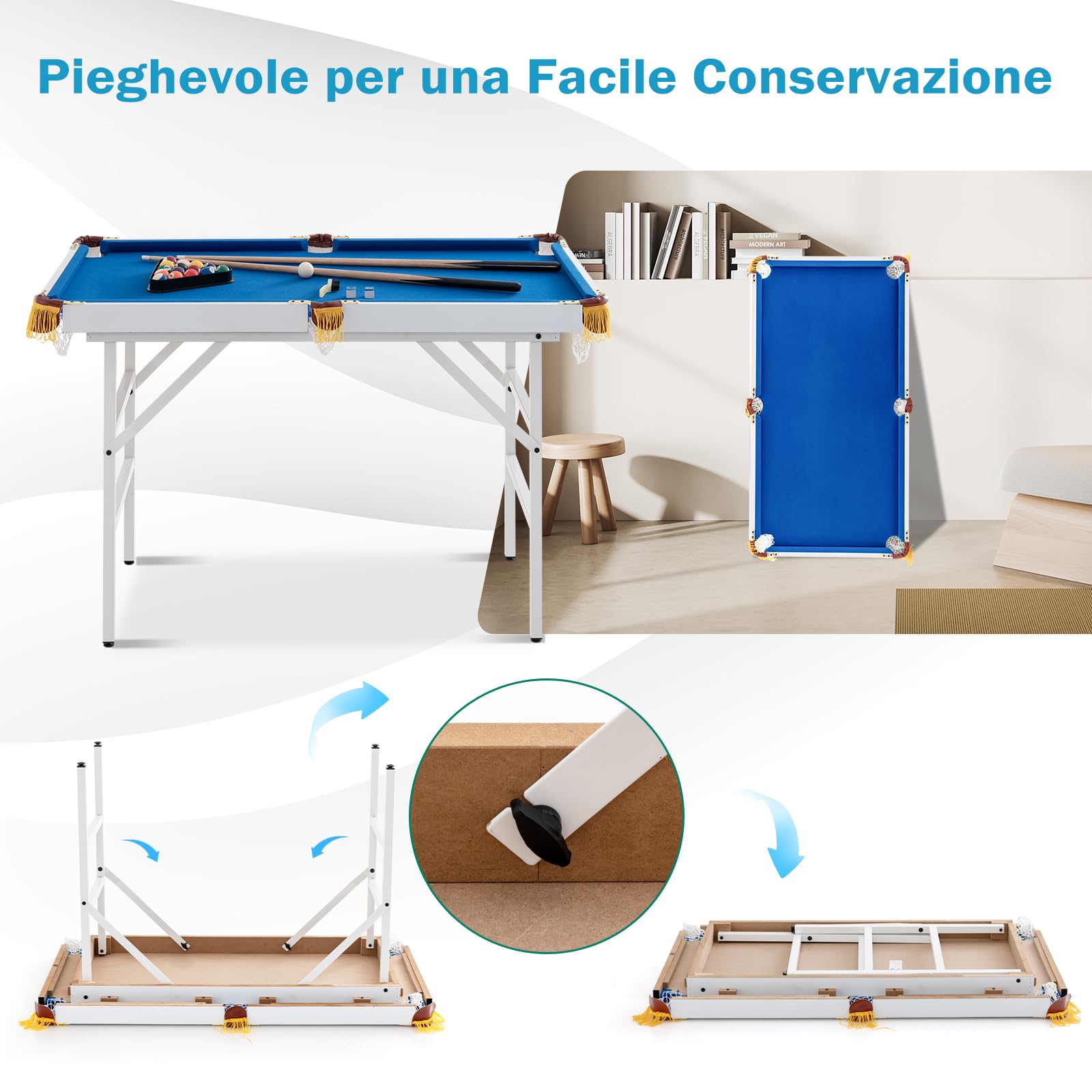 GYMAX Tavolo da Biliardo Portatile, Mini Tavolo da Gioco con Gambe Pieghevoli, Set da Sala Giochi Interno con 16 Palline, 2 Stecche, 2 Gessetti, Triangolo per Bambini e Adulti, Blu/Verde