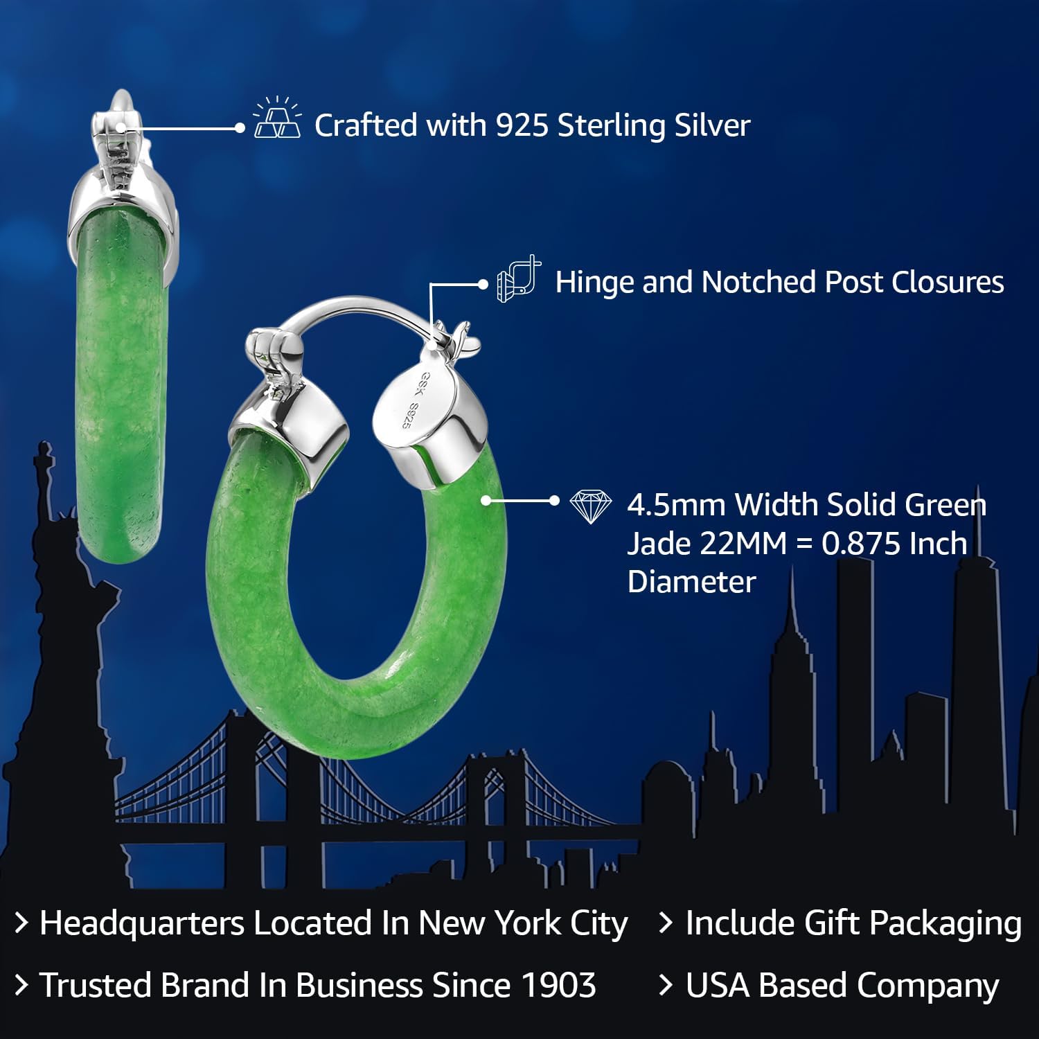 Gem Stone King Green Jade Hoop Earrings | 925 Sterling Silver | 22MM = 0.875 Inch Diameter | 4.5MM Width | Classic Hoop Earrings With Hinge and Notched Post | Fine Jewelry Gifts for Her Mom Women Wife