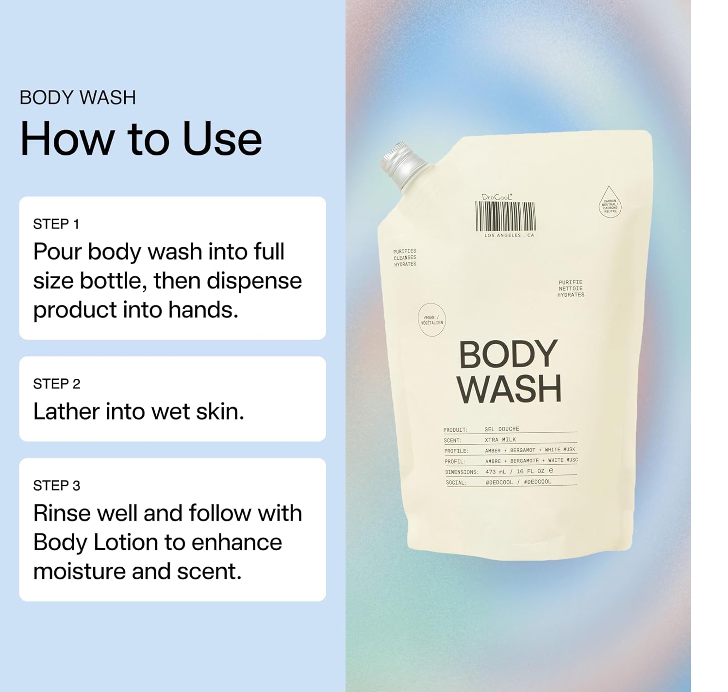 DedCool Body Wash Refill | Xtra Milk | Shea Butter, Aloe & Snow Mushroom | Hydrating, Non-Toxic, Vegan | Bergamot, White Musk & Amber | 16 fl oz