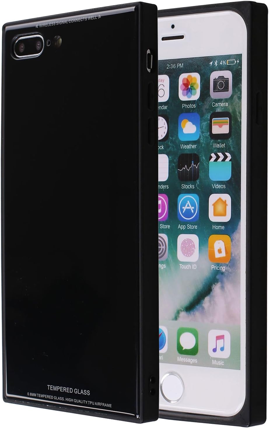 Square iPhone 8 Plus, Chic Tempered Glass Case Retro Classic Stylish Cover Square Shockproof Protective Back Case for iPhone 7 Plus 8 Plus (Black)