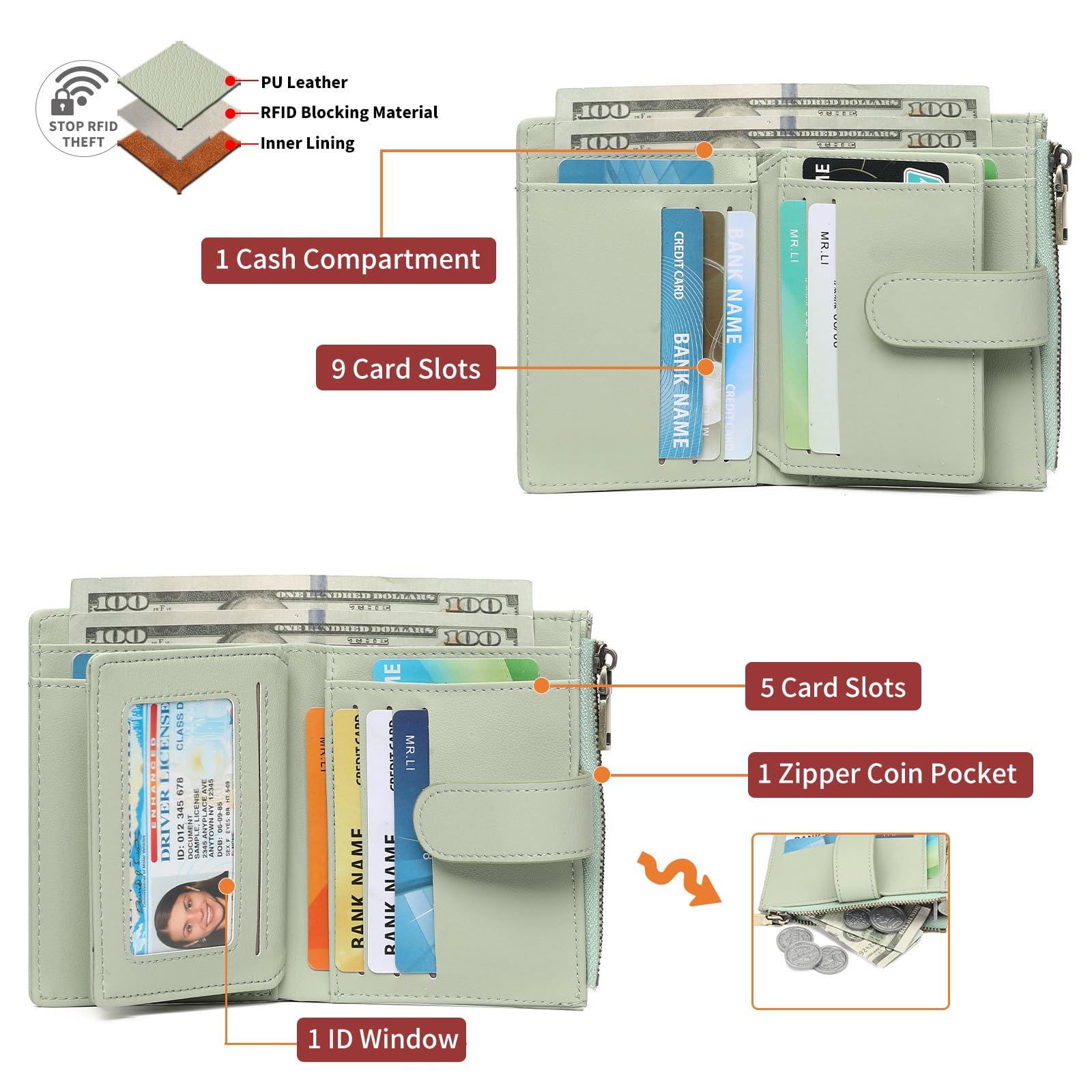GAEKEAO Portafoglio Donna Piccolo, Porta Carte di Credito con Cerniera Grande Capacité Portamonete con Protezione RFID, Borsellino Donna, Portafogli Regalo