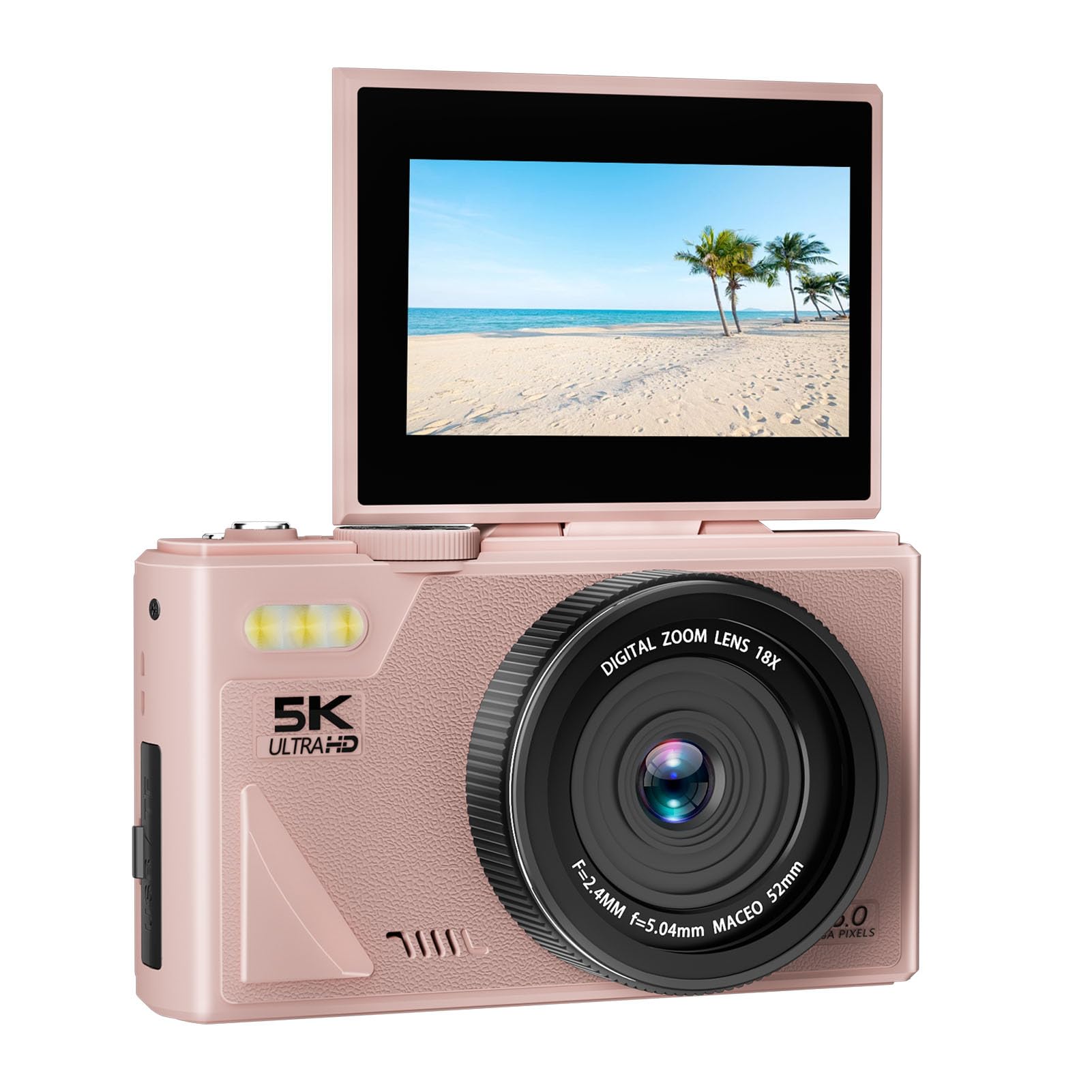 XUMIUZIY Fotocamera Digitale 5K, Fotocamera Mirrorless Ultra HD da 75 MP con Zoom 18X e Messa a Fuoco Automatica con Schermo Flip da 3 Pollici, Supporto per Digitale retrò (Rosea)