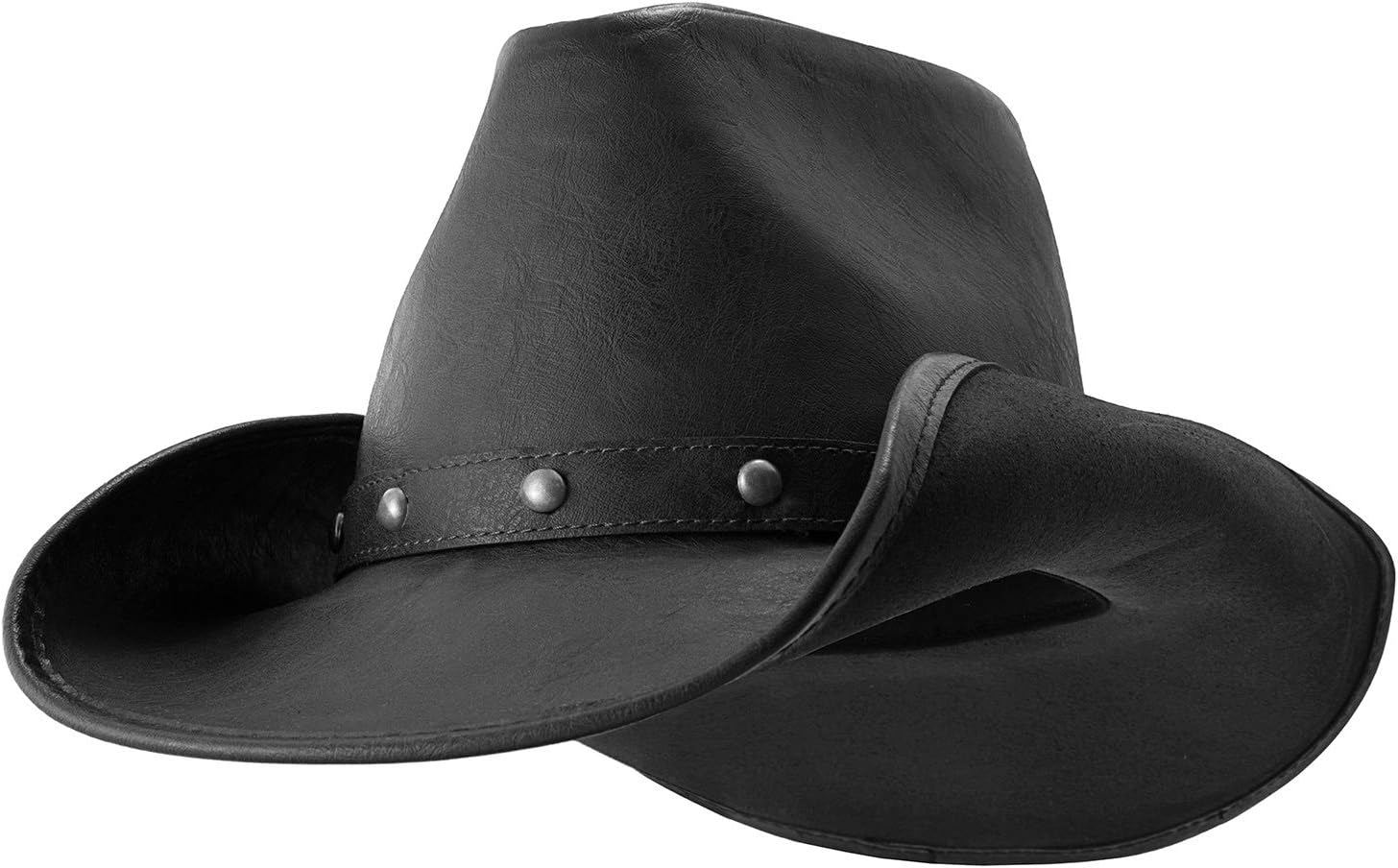 Deadwood Trading Broken Hill Faux Leather Australian Outback Cowboy Hat, Shapeable Brim, Vintage Studded Hatband Western Hat