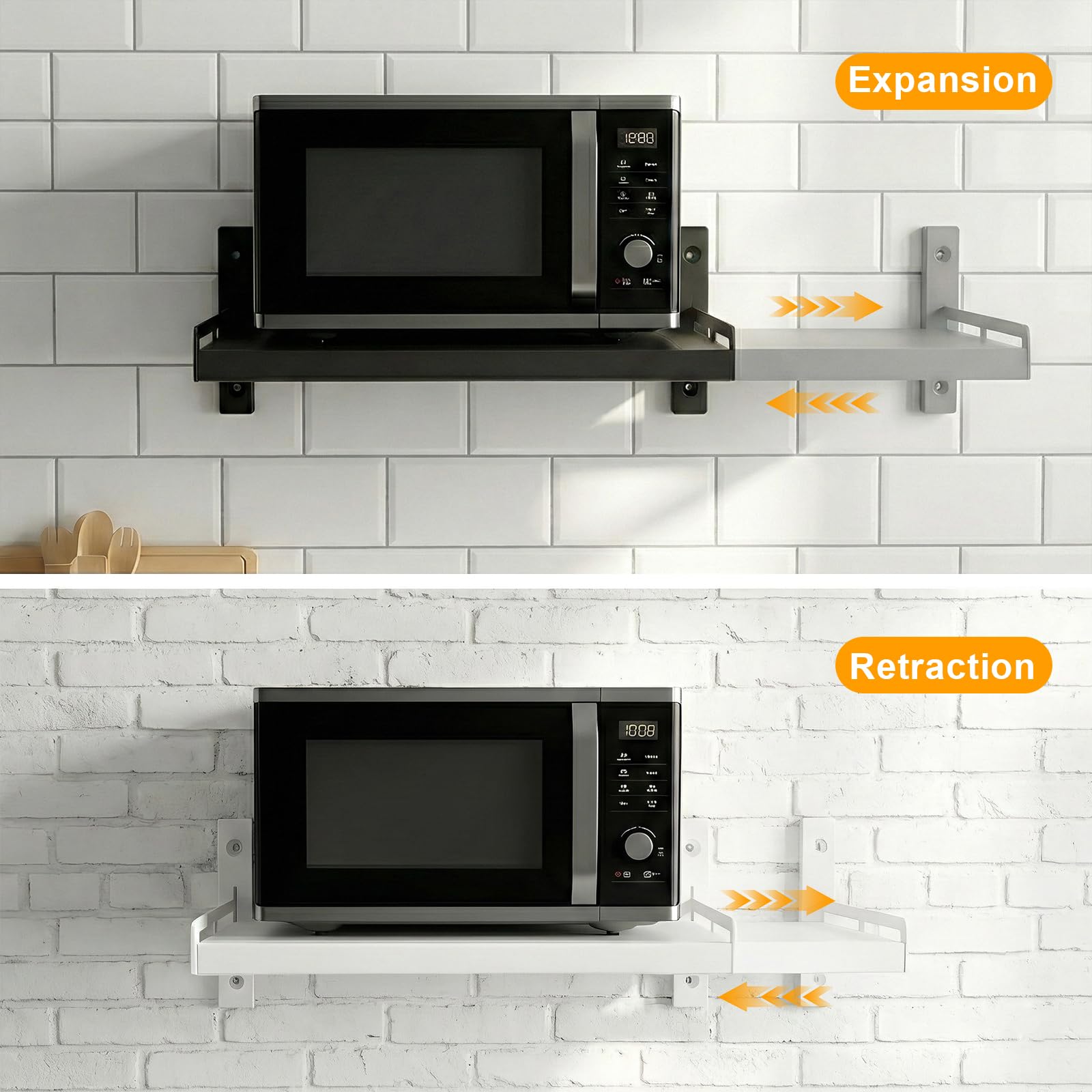 ABCOOL Estante de montaje en pared expandible para microondas, cocina, hogar, soporte desmontable ajustable a presión con 4 ganchos