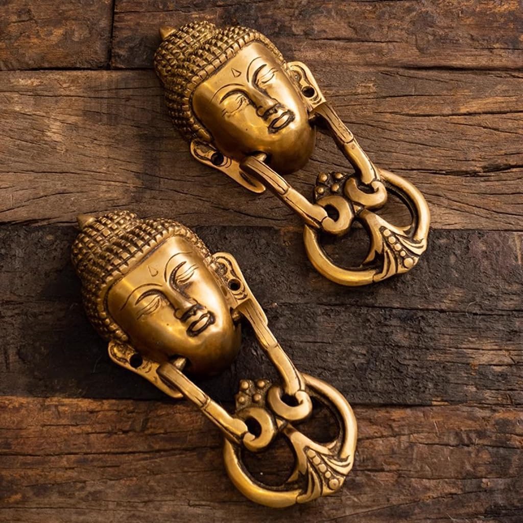 TIST Iron Door Knocker Front Door Brass Buddha Head Sculpture Door Handle Vintage Door Knock for Home Door Ring Knocker Surface-Mounted Installation