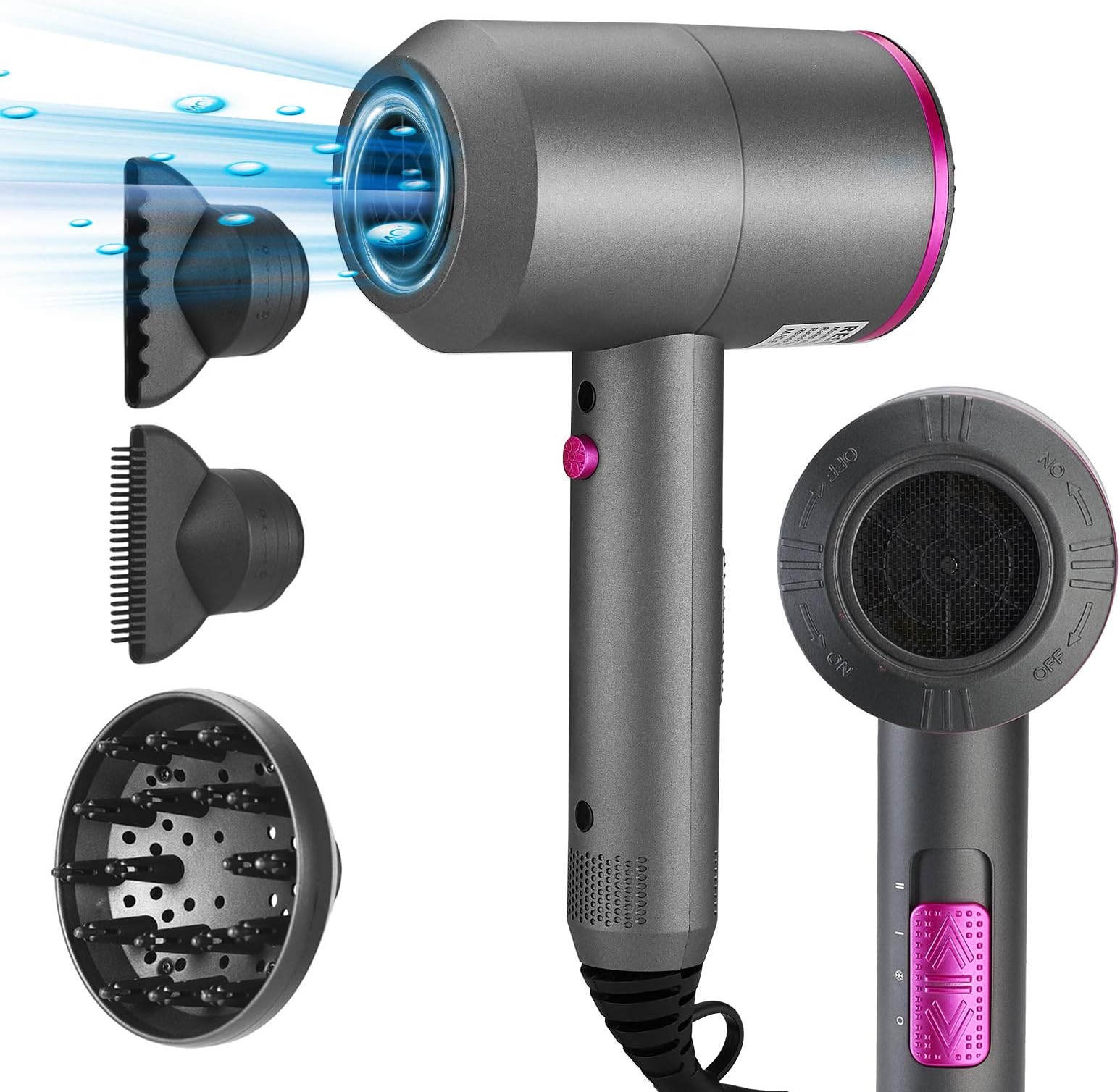 Ionic Hair Dryer, Hair Dryer with Diffuser 2000W Constant Temperature Cool Shot for a Frizz Free Shine 3 Heat Speed Settings with Power Dry for Travel Salon Home Grey