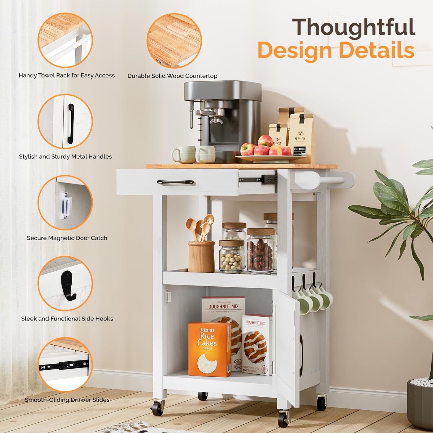 Image detailing the kitchen island's features including a towel rack, solid wood countertop, metal handles, magnetic door catch, side hooks, and smooth drawer slides.