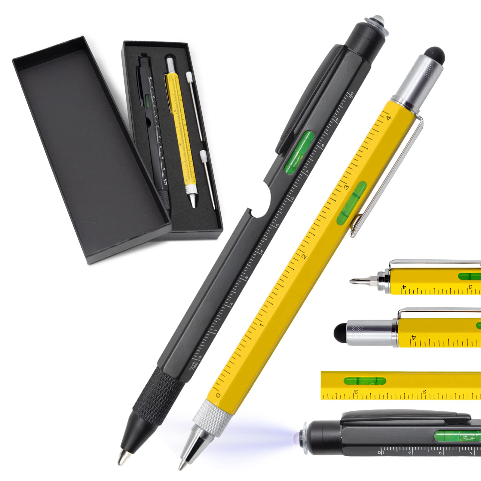 BCHARYA 2Pc Pen Set Multitool Pen, Stocking Stuffers Gifts for Men, Cool Gadgets for Men Gifts Ideas for Engineer Woodworkers Carpenter, Stylus Ruler Level Screwdriver Ballpoint Pen LED Light