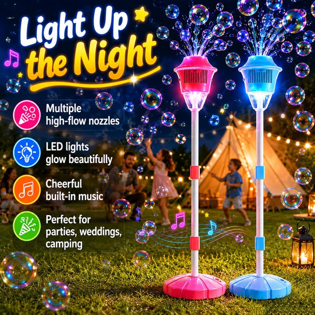New Bubble Machine, 47in Rechargeable Automatic Bubble Maker with Light Music, 3 Level Heights Adjustable, Detachable Bubble Wand for Outdoor Party Wedding, Includes Bubble Solution (Blue)