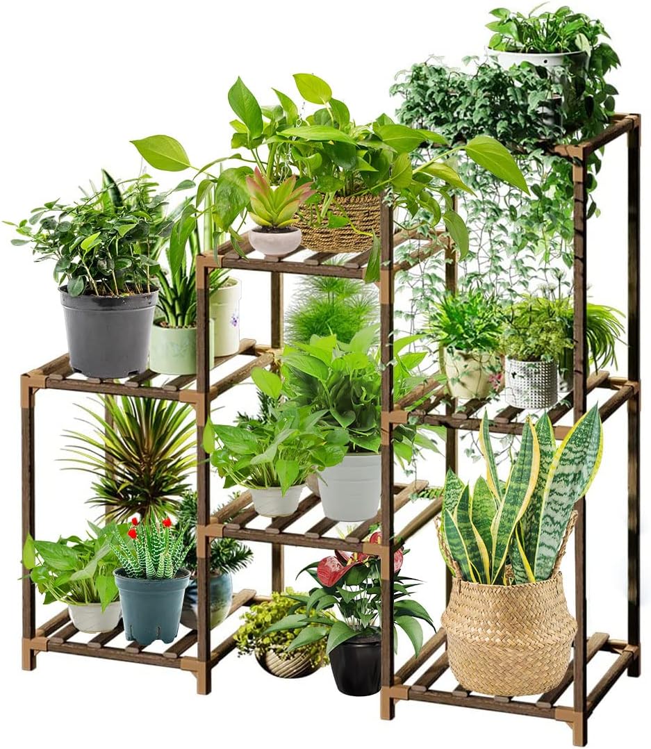Plant Stands for Indoor Plants, Wood Outdoor Tiered Plant Shelf for Multiple Plants, 3 Tire 7 Potted Ladder Plant Holder Table Plant Pot Stand for Window Garden Balcony Living Room