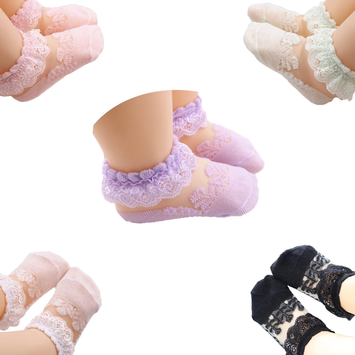 Toddler Girl Ruffle Socks Baby Double Lace Socks Turn Cuff Shimmering Big Ruffle Rainbow Socks for Infant Kids 5 Pairs 0-12 Months Style1