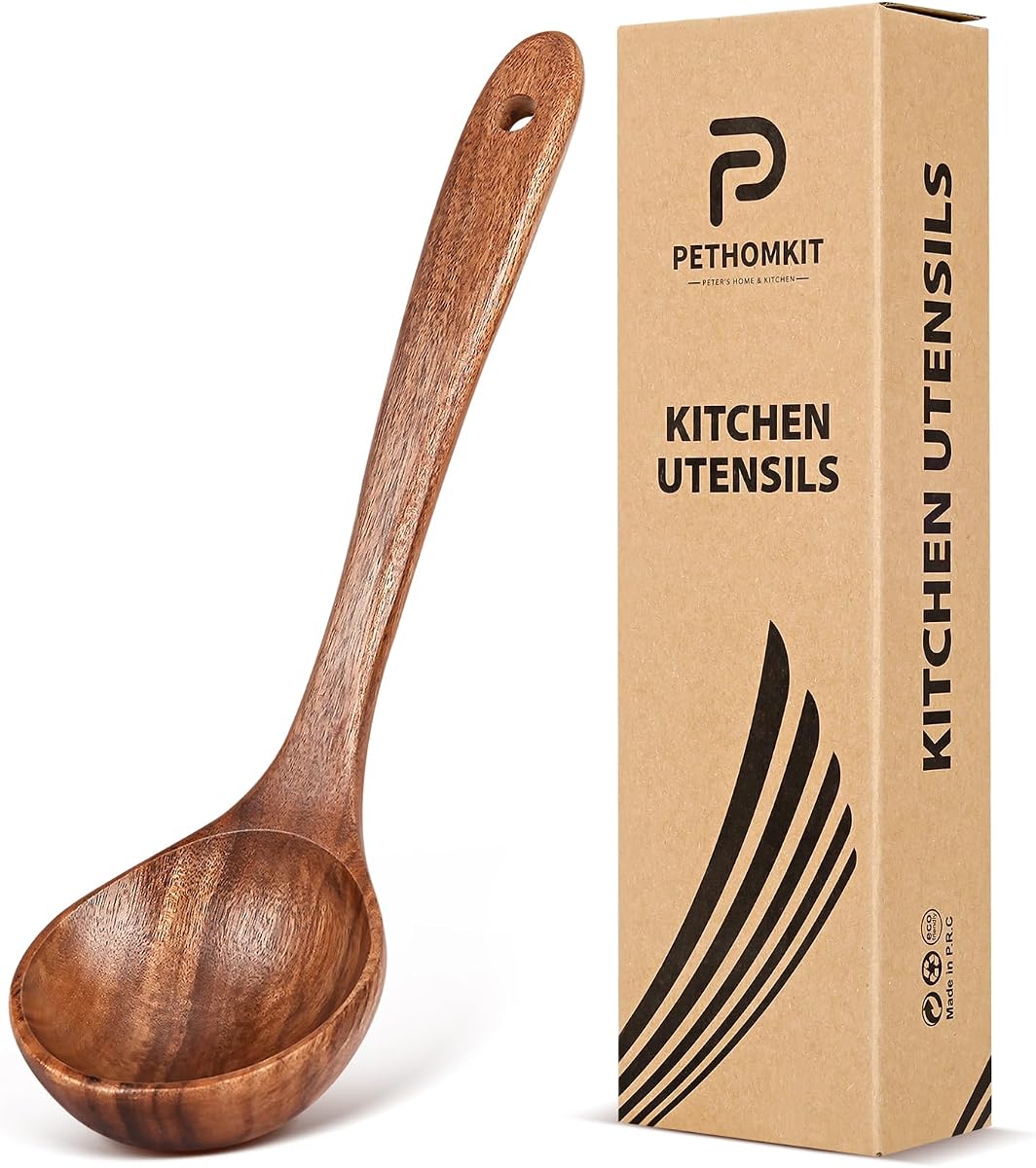 Wooden Soup Ladle Spoons for Cooking Serving, Teak Wood, 10.6" | Non-Toxic, Natural, Long Handle, Deep Scooper Server Utensil, No-Scratch Cookware Surface, For Stirring Scoop Stews Porridge