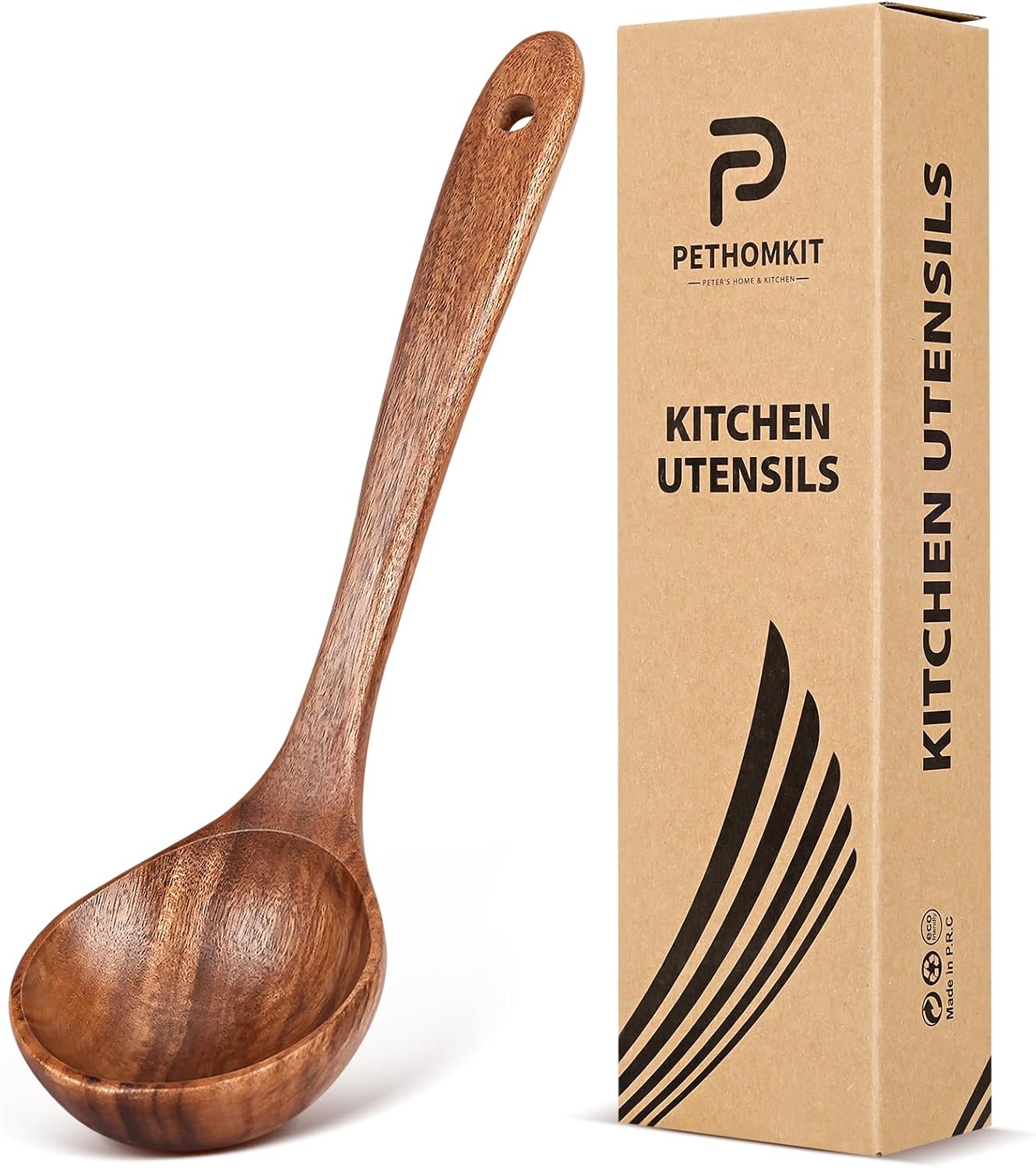 Wooden Soup Ladle Spoons for Cooking Serving, Teak Wood, 10.6" | Non-Toxic, Natural, Long Handle, Deep Scooper Server Utensil, No-Scratch Cookware Surface, For Stirring Scoop Stews Porridge